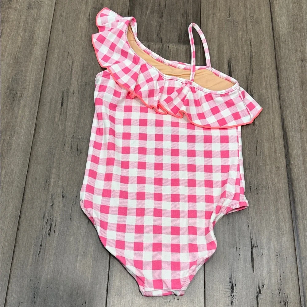 Crewcuts Pink and‎ White Gingham One-Shoulder ruffle Swimsuit